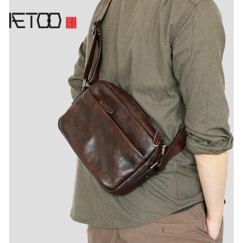 AETOO Mens leather shoulder bag, fashionable first layer leather mens messenger bag, horizontal mini satchel