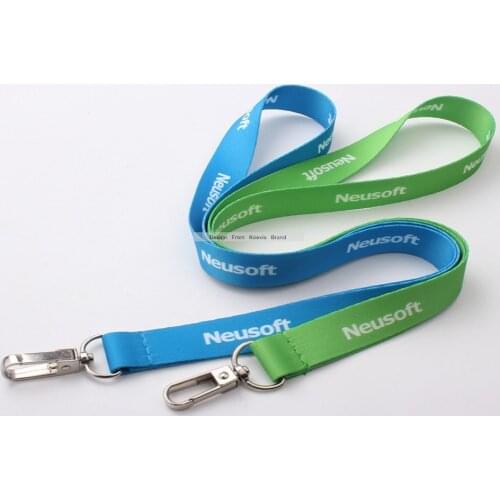 Wholesale Custom 10MM width green/blue imprint heat transfer neck lanyard with Design logo and Badge ID Cards Holder lanyard