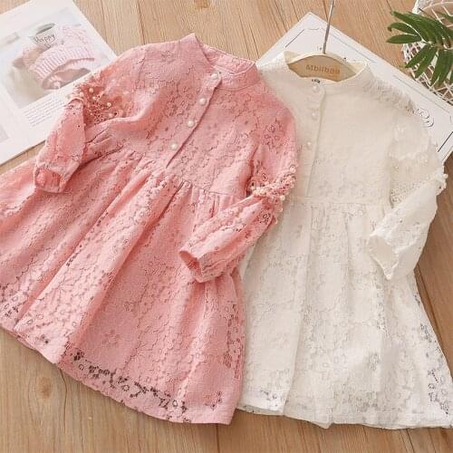 Spring Autumn 3 4 6 8 10 to 12 Years Child England Style Princess Pearl Lace Knee Length Kids Baby Girl Long Sleeve Dress