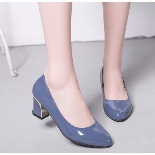 New Fashion Women Shoes Woman Pumps Slip on Shallow Thick High Heels Work Casual Shoes Solid Patent Leather Sexy Ladies Shoes