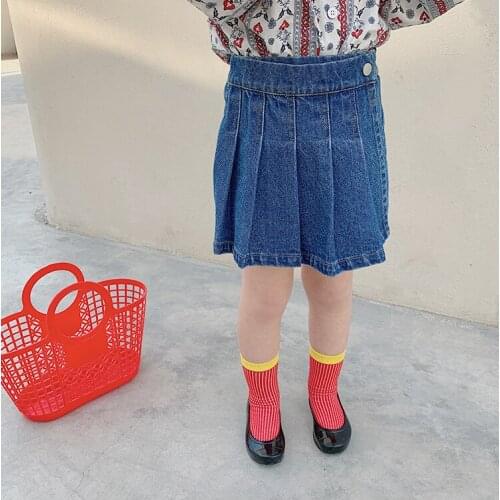 2021 Spring Autumn New Girls Fashion Denim Skirt Childrens Pleated Skirt Kids Blue Denim Shorts Skirts 2-8 Year