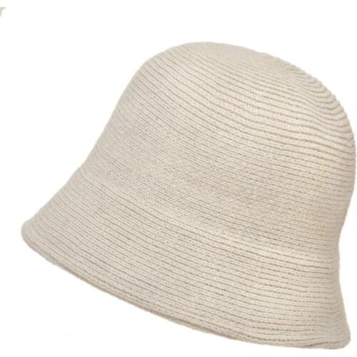 Women Solid Color Wool Bucket Hat Drawstring Fisherman Vintage Knitted Basin Cap
