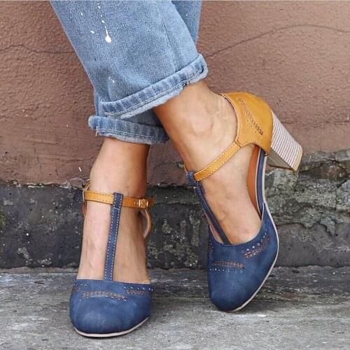 2021 Women Pumps Sandals Summer High Square Heels Leather Shoes T Buckle Round Toe Retro Sandals Plus Size Autumn Heels 8 CM
