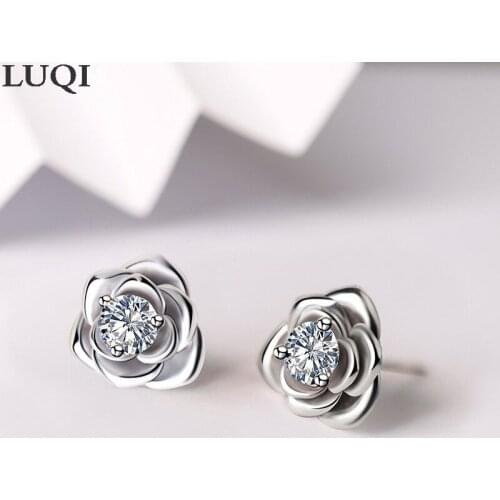 Fashion Womens S925 Silver Plated Platinum Zircon Rose Sweet Temperament Stud Earrings E276