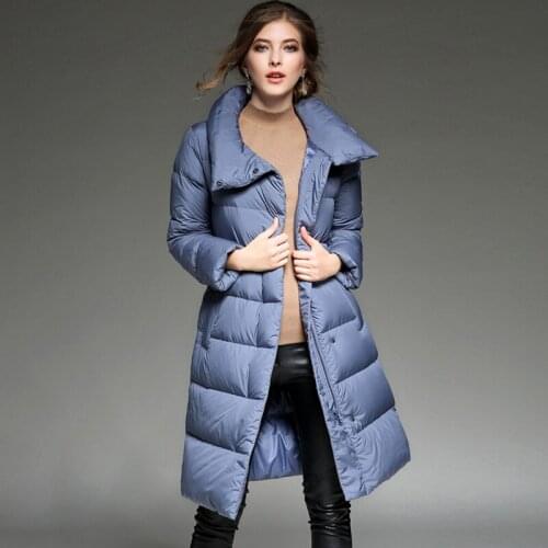 Winter Solid Color Basic Long Down Jacket Women 2021 New Stand Collar Loose White Duck Feather Light And Thin Coat Female HJ177