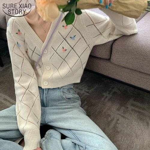 Spring and Autumn 2021 New V-neck Knitted Top Female Embroidered Flower Loose Short Cardigan Long Sleeve Womens Sweaters 11715