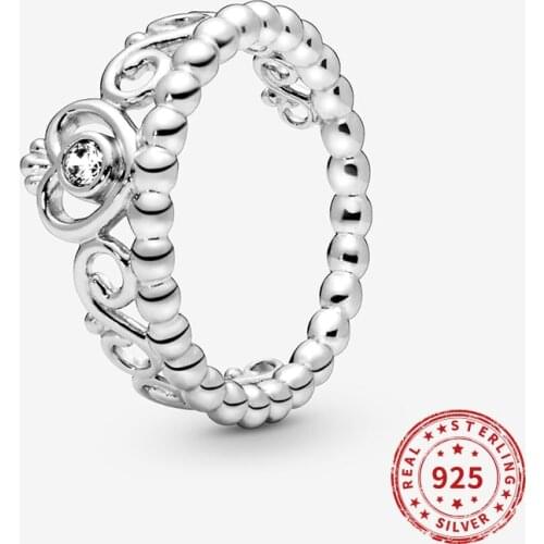 Real 925 Sterling Silver Ring Pan Princess Tiara Crown Ring Crystal For Women Wedding Party Gift Jewelry 2020
