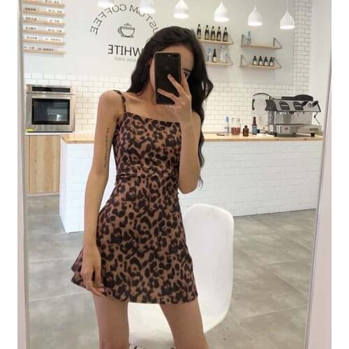 Women Retro Leopard Dress Sexy High Waist Sling Mini Skirt Printed Strapless Temperament Dress Summer Girls A-line Slim Dress