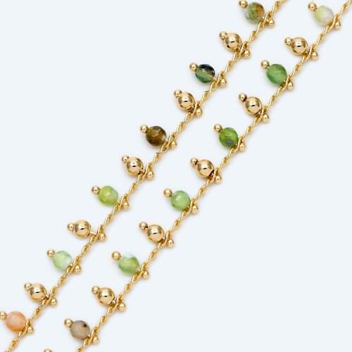 Gold Beaded Chain, Green Gemstone Chains, Curb Chain with Round Beads, DIY Necklace Bracelet Chain Supplies (LK-456)/ 1 Meter