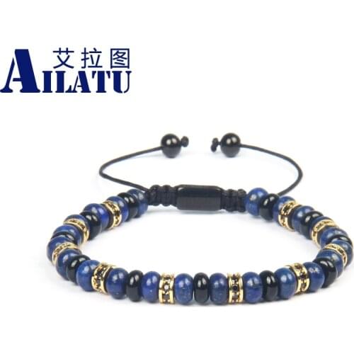 Ailatu New Black Onyx & Lapis Flatbead Beaded Macrame Bracelet with 6mm Black Cz Spacer Beads