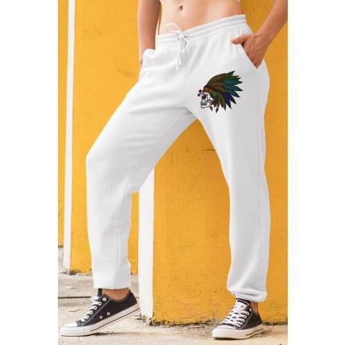 Angemiel Wear Feather Indian Skull And Crossbones White Women Sweatpants