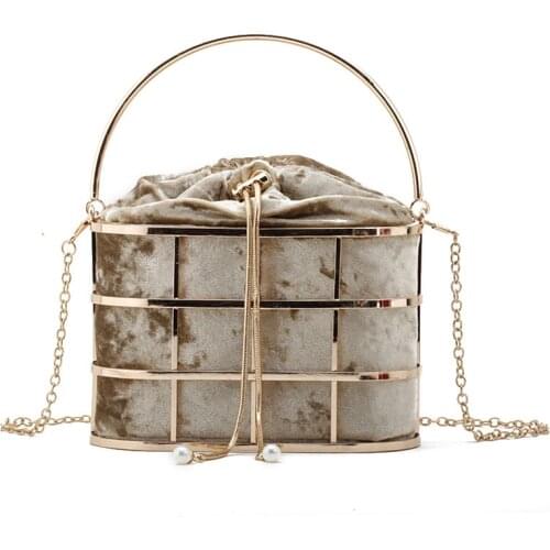 Velvet Metal Cage Evening Clutch Bag For Women Purses And Handbags Luxury Chain Bucket Bridal Wedding Party Bag 2021 New