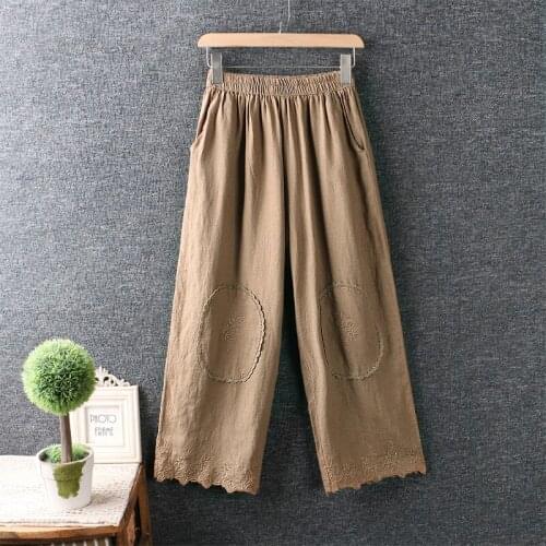 New Summer Women Cotton and linen Wide Leg Pants Japan Style Mori Girl Elastic Waist Embroidery Loose Casual Pants
