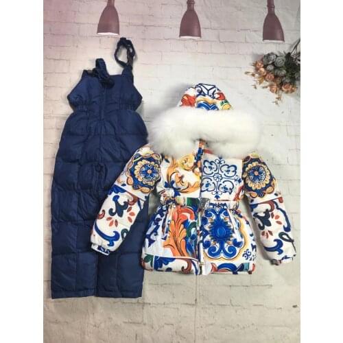 80-145cm 2021 Winter Jacket Children down jackets & PANT duck down Fur hooded flower girl snowsuit boy set outerwear ski suit