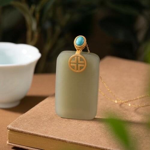 Designer original new ancient gold craftsmanship inlaid rectangular natural Hetian jade necklace pendant simple jewelry