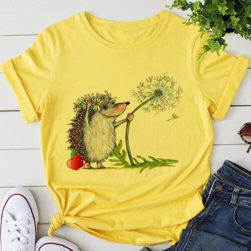 Hedgehog And Wildflower Graphic Print T-shirt Women 2020 New Summer Fashion Tshirt Harajuku Aesthetic Yellow Tops Female T Shirt