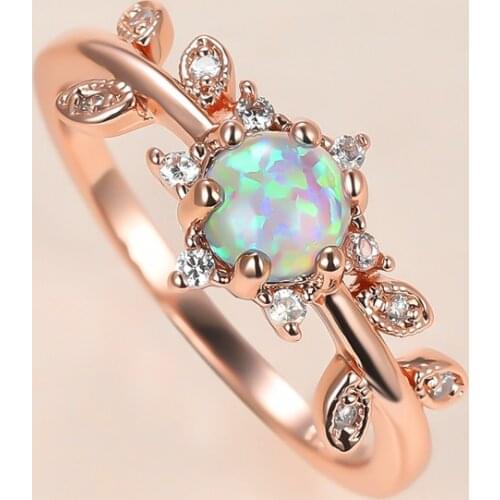 Cute Female White Round Opal Ring Vintage Rose Gold Color Thin Wedding Rings For Women Luxury Bride Crystal Leaf Engagement Ring
