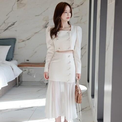 New arrival women temperament double breasted shirt comfortable perspective trumpet skirt fashion high quality elegant women set