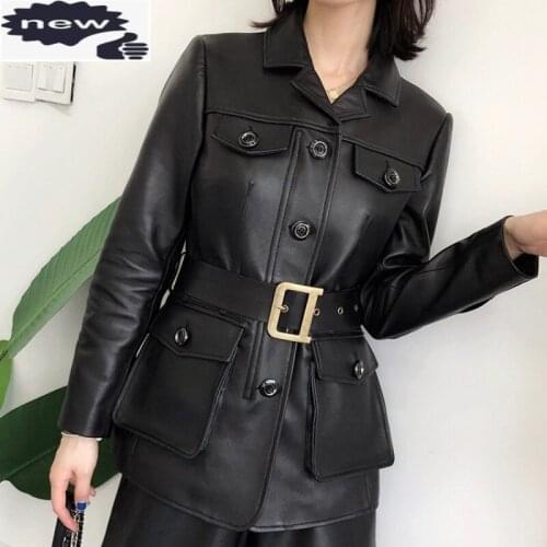 Fashion Women Punk Sheepskin Belted Slim Fit Coat Pockets Boyfriend Style Motor Biker Genuine Leather Jacket Autumn Windbreaker