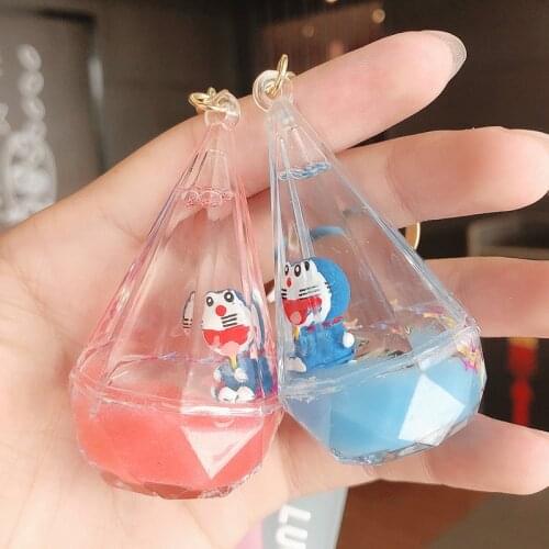 Cute Water Drop Transparent Acrylic Keyring Quicksand Floating Cat Doll Keychain Backpack Pendant Car Key Holder Ornament