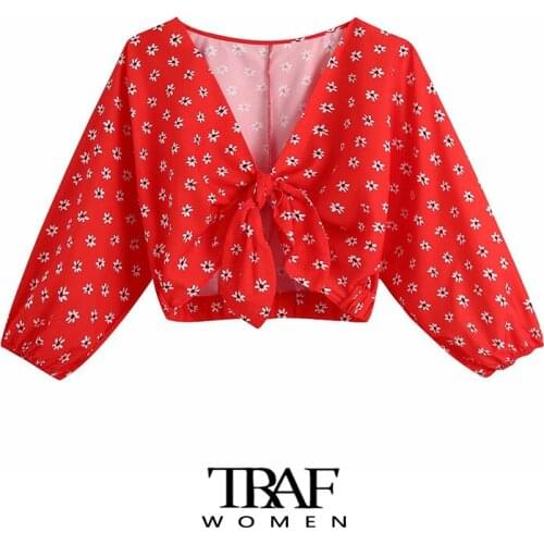 TRAF Za Women Fashion With Knotted Floral Print Crop Blouses Vintage Puff Sleeve Elastic Trims Female Shirts Chic Tops