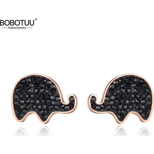 BOBOTUU Trendy Rose Gold Black Clay Shiny Crystal Elephant Stud Earrings For Women Anniversary Girls Earrings Jewelry BE19099