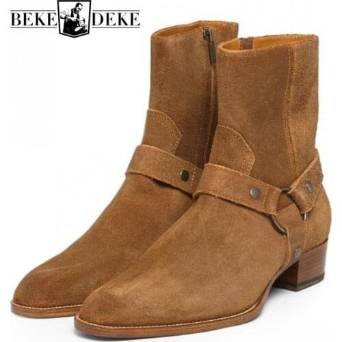 Italy Design Men Pointed Toe Motor Riding Boots Man Footwear Genuine Leather Suede Buckle Ankle Knight Cowboy Botas Winter Shoes