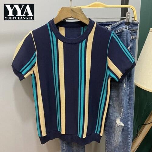 New Mens O-Neck Short Slim Mixed Colors Vintage T-Shirts Striped Korean Style High Quality Fashion Knitted Pullover T-Shirts