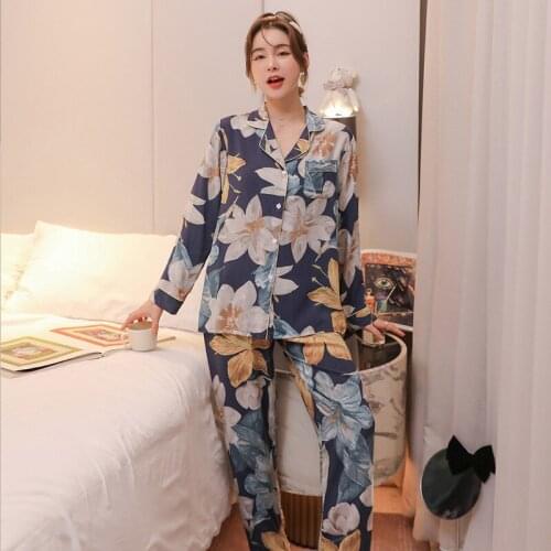 Spring and Summer Cotton Silk Printed Pajamas Womens Long-sleeved Cardigan Japanese Thin Viscose Large Size Home Service Suit