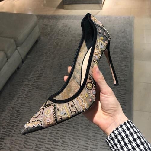 Spring hand-sewn shoes embroidered pattern woven surface pointed high heels sexy lace party dress small size single shoes women