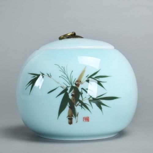 Hand-painted ceramic pet urn size sealed jar celadon jar