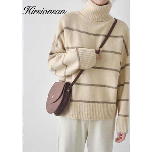 Hirsionsan Sweater Women Turtleneck Thicken Striped Soft Thicken Ladies Pullover Oversized Knitting Clothes Knitted Beige Top