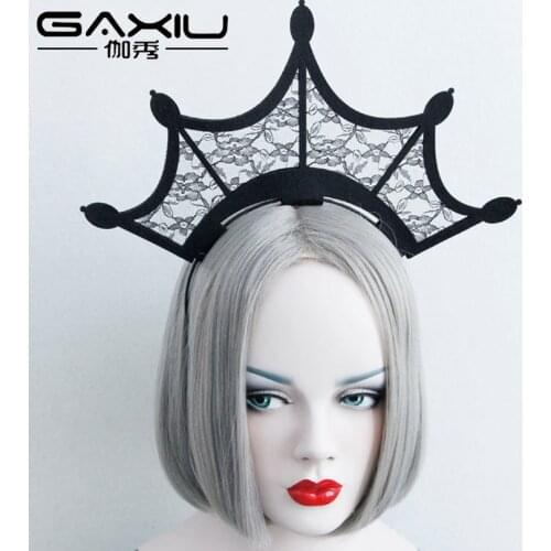 Black Lace Crown Tiara Hair Jewelry For Women Queen Hyperbole Gothic Headwear Female Adjustable Halloween Cosplay Hairbands