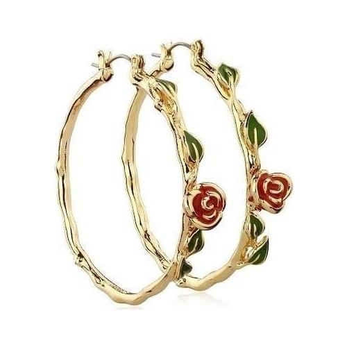 Vintage Red Rose Flower Earrings Silver Gold Color Circle Hoop Earrings For Women Statement Party Jewelry Bijoux Gift aros mujer