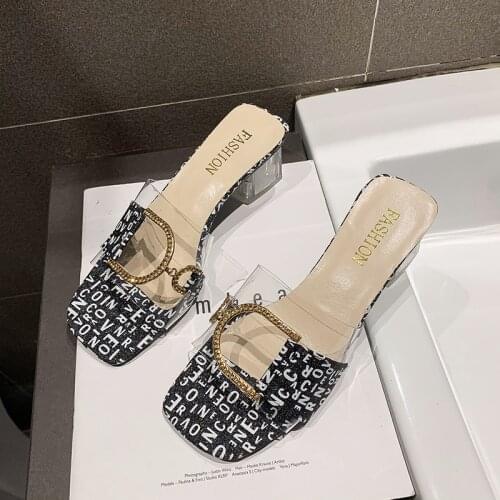 Women Luxury Brand Design High Street Literal Artshoes Buckle Decor Clear Heeled Mule Slide Sandals