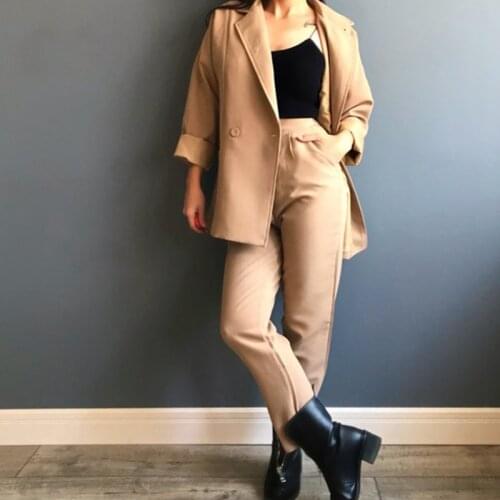 Women Fashion Autumn New Style Simple Womens Coat Suits , Female Women Camel 2 Pieces Set Loose Stylish Suit Set