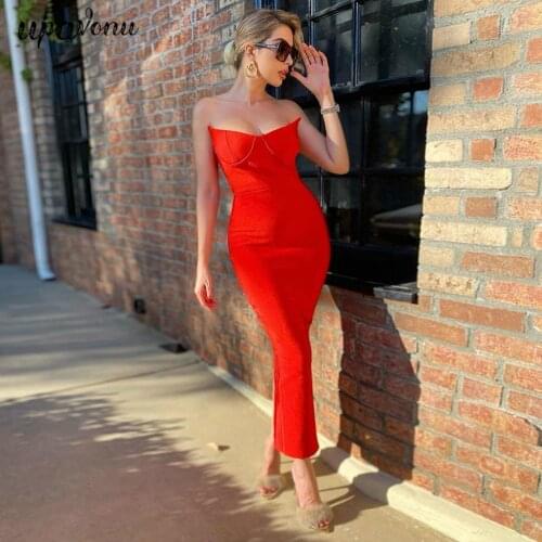 Free Shipping Sexy Wrapped Bandage Dress 2021 New Women Sleeveless Bodycon Halter Midi Dress Celebrity Club Night Party Vestidos