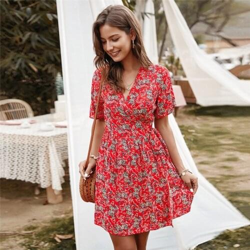 2021 Summer Floral Print V-neck Dress Women Bandage Short Sleeve Mid-calf Dress Woman Boho Beach Dress Ladies Vestidos