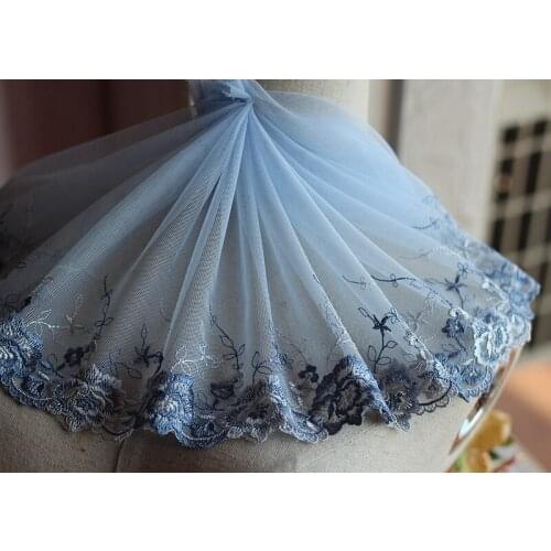 2yards/lot 21cm wide Embroidered Floral Tulle Lace Trim~blue~lovely