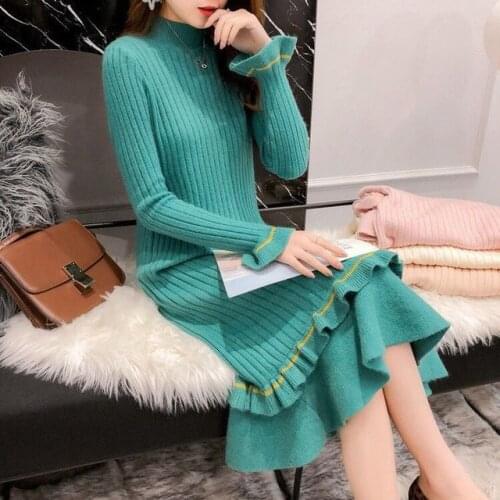 2021 New Autumn Winter Fashion Warm Plus Size Thicken Dress Knitted Sweater Dresses Ruffles Long Women Dresses