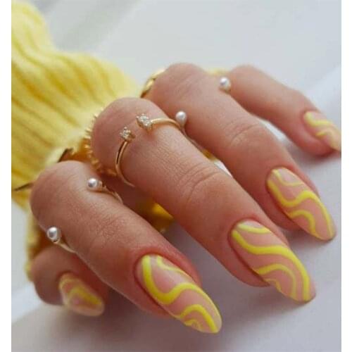 24pcs Med-length Pink Yellow Line Ballet False Nails With Design Natural Coffin Press On Artificial Nail Art Tips With Glue
