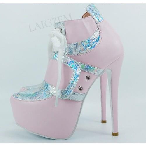 BERZIM SUPER Ankle Boots Platform Lace Up Patchwork Stiletto High Heels Booties 2021 Winter Shoes Woman Large Size 44 45 47 52