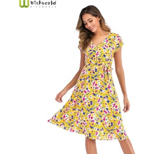 European and American Fashion Bohemian Print Long Skirt Fashion Women Summer Leisure Beach Dress Sexy V-Neck Dresses