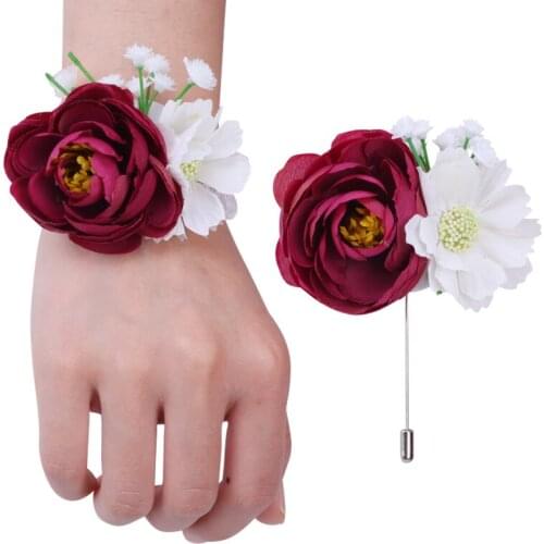 Hot Sale Dark Red Bride Bridesmaid Wrist Corsage Groom Lapel Pin Set Simulation Material Handmade Wedding Supplies T033