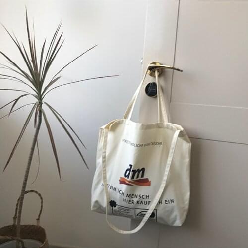 Korea Beige Canvas Shoulder Bag Cotton dm Letters Print Shopper Tote Bag Large Shopping Bag For Women Girl Ladies Eco Handbag