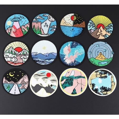 Round landscape sunrise Embroidered Appliques Iron On Outer space night Patches Diy Gesture frame Underwater swimming Badges
