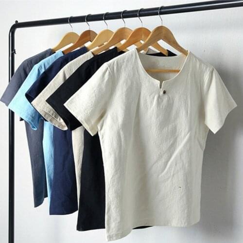 Chinese style mens clothing thin section of flax casual short-sleeved t-shirt mens pure color O collar t-shirt Plus Size M-7XL