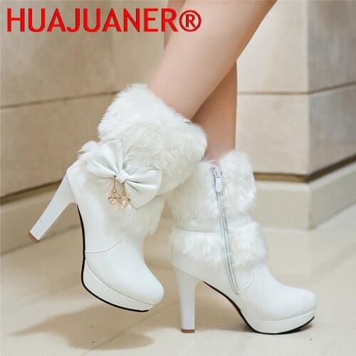 2020 New Fashion Womens Winter High Heel Boots Pink White Black Fur Tassel Bowtie Lovely Lolita Ladies Party Wedding Shoes