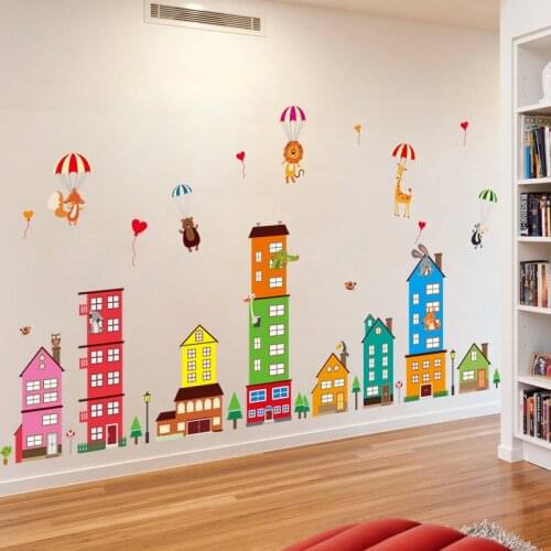 New Colorful Cartoon Small Town Wall Sticker Eco-friendly Decals Quality PVC Wallpaper Kids Room Bedroom Decoration Wallstickers