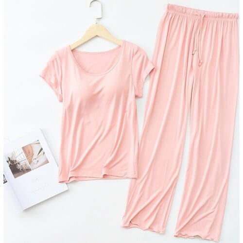 Autumn Womens Pajamas Modal Short-sleeved Pajamas with Chest Pad and Five-finger Cups, Loose Sets of Ruffled Trousers, Homewear